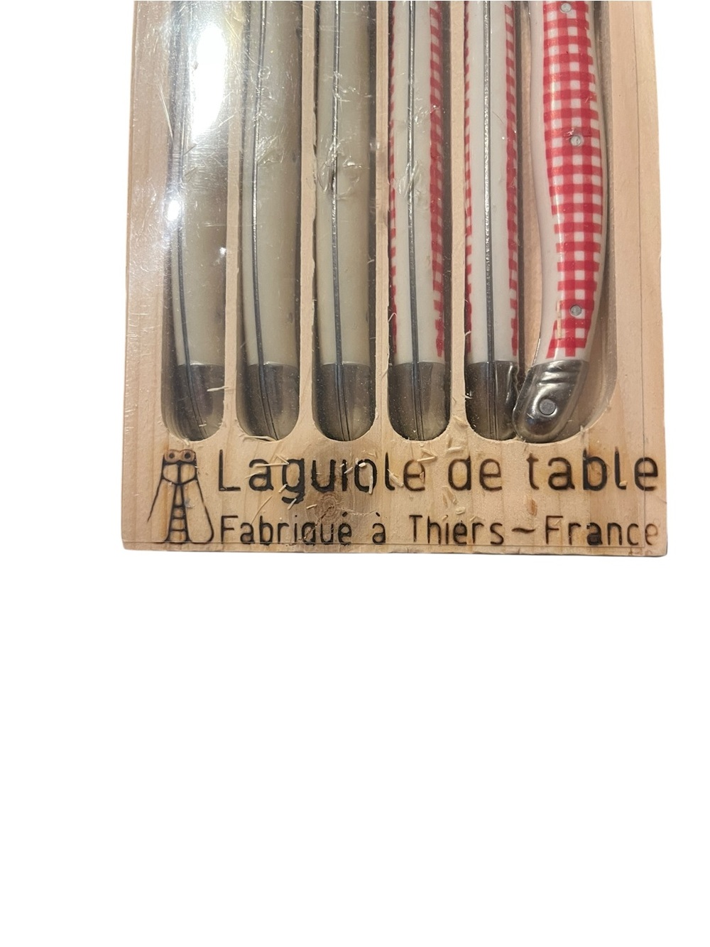 New Laguiole de Table Steak Knife Set - Red Gingham & Cream Handles Set of 6 - Picture 2 of 5